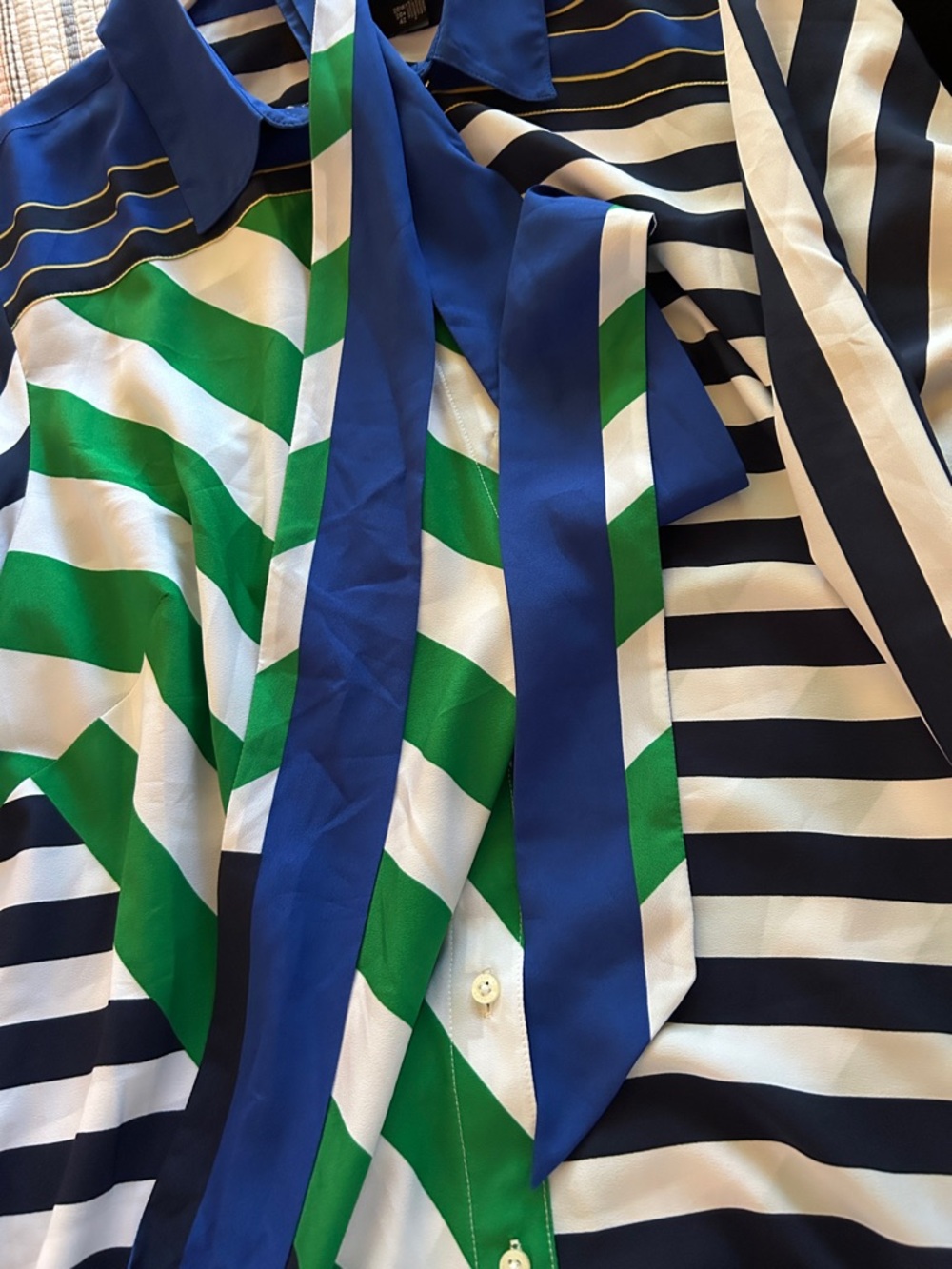 Lauren Ralph Lauren Blue Green White Striped Crepe Shirtdress - Picture 6 of 7